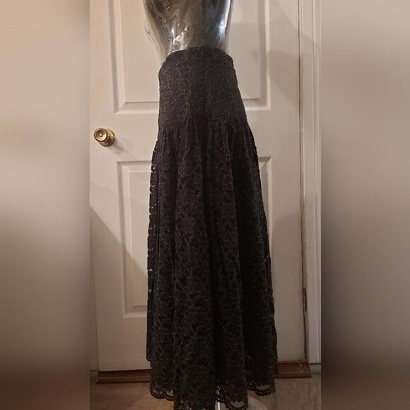 Gothic Romantic Lace Midi Shimmer Drop Waist Flowy Skirt Holiday Glam - Picture 3 of 12